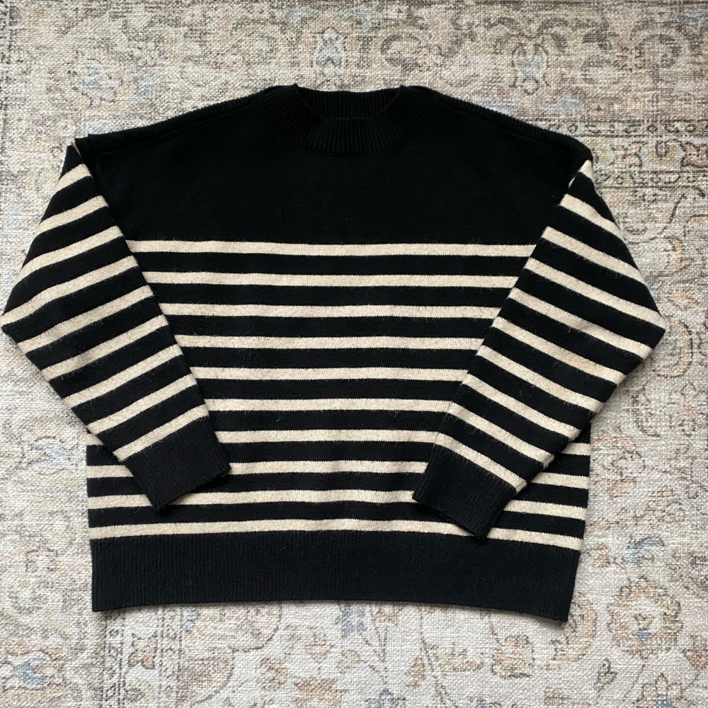 Zara Black and Cream Striped Crew Neck Sweater